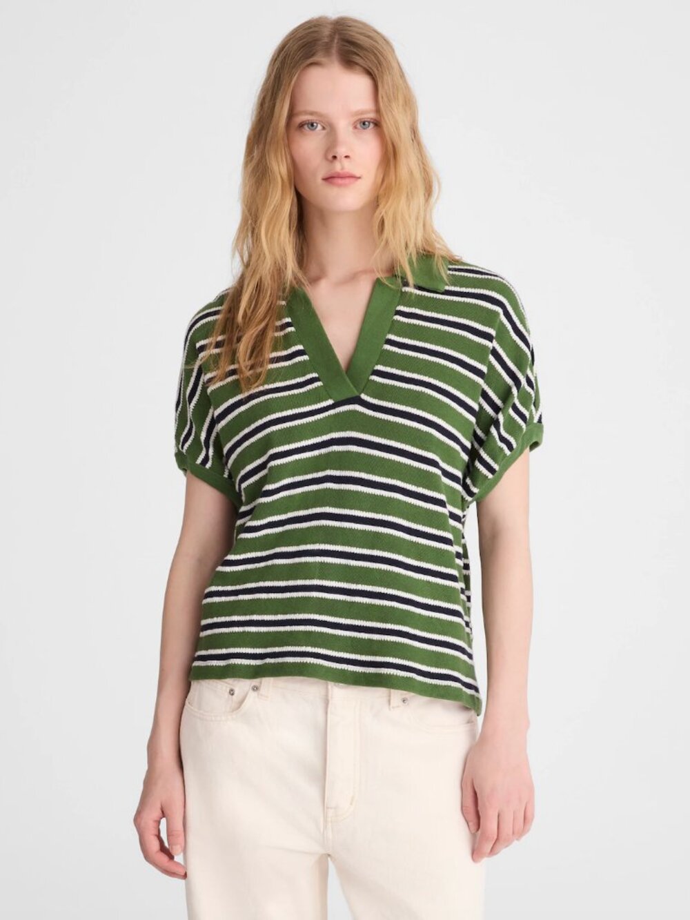 Relaxed V-Neck Polo Shirt in Stripe (garden green) - size large -NWT - Picture 2 of 5